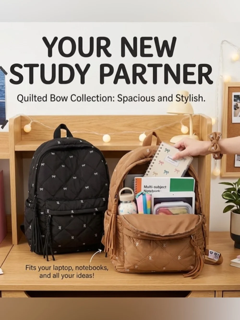 Quilted Bow Backpack in Tan — Spacious Everyday Bag